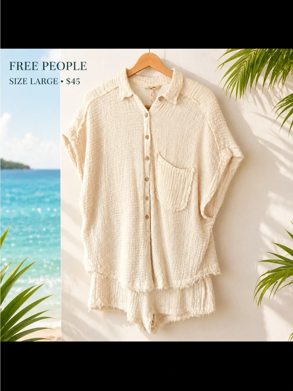 Free People Cream Textured Gauze Button-Down Shirt